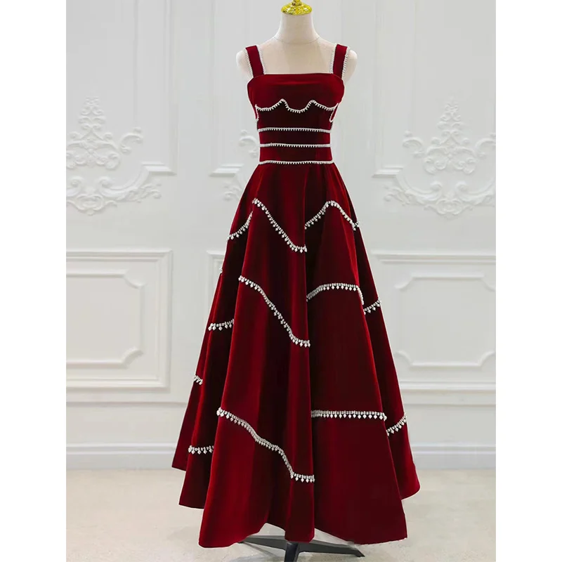 

Luxury Wine Red Velvet Prom Dresses Long Sexy Spaghetti Straps A-Line Floor-Length Long Women Wedding Party Gowns