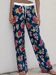 Plus Size Floral Print Drawstring Waist Pants, Elegant Pants For Spring & Summer, Women's Plus Size Clothing