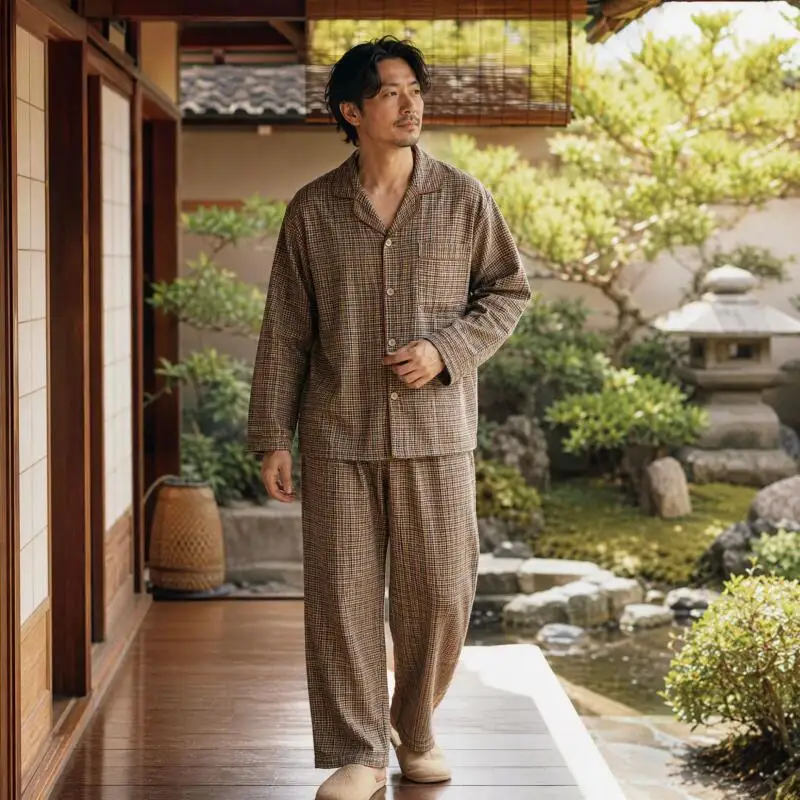 Men Oversize Cotton Pajamas Set Plaid Lapel Long Sleeve Long Pants Homewear Pyjamas Suit Loose Casual Sleepwear Loungewear