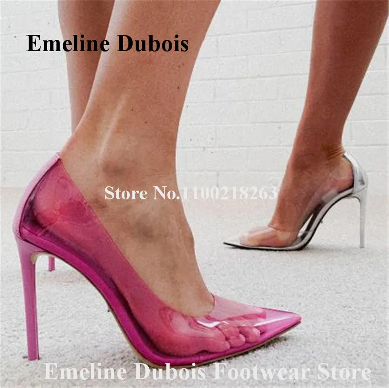 Clear PVC Pumps Emeline Dubois Pointed Toe Transparent Rose Pink Silver Patchwork Stiletto Heel Dress Shoes Party Big Size Heels