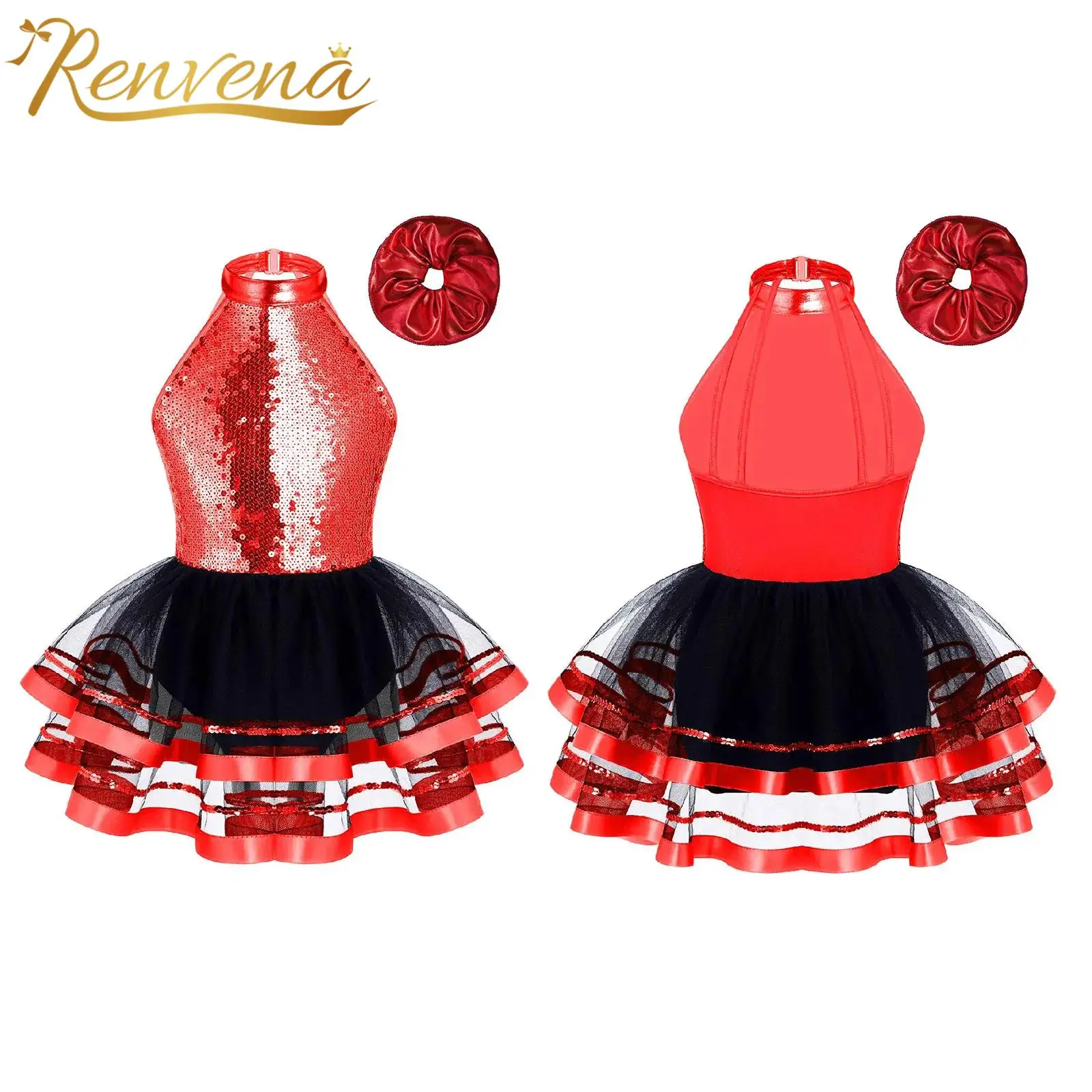 Kids Girls Halter Sleeveless Sparkling Sequins Tutu Dress Modern Dancewear Jazz Latin Ballet Dance Dress Performance Costume