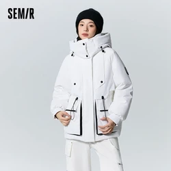 Semir Down Jacket Women Mid-Length Patchwork Waist-Adjusting Raglan Sleeve Hooded Loose Three-Defense Winter Clothing