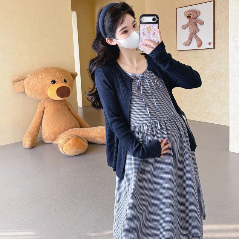Maternity Clothes Summer 2026 Plaid Sleeveless Dress and Thin Cardigan for Pregnant Women Versatile Minimalist Casual