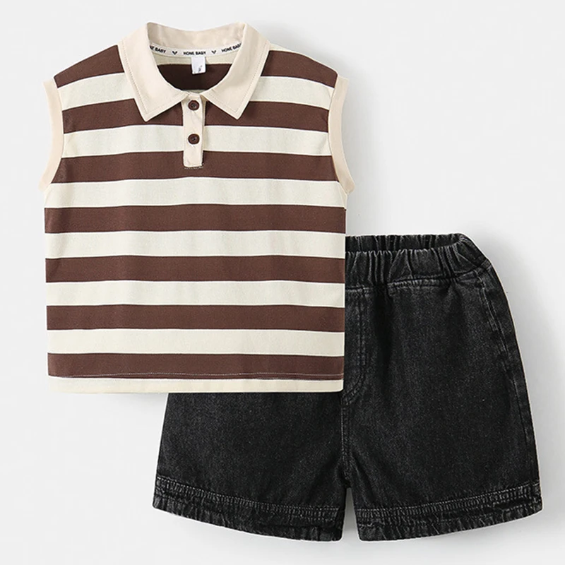 

2Piece Sets 2025 Summer Toddler Boy Outfits Korean Fashion Stripe Sleeveless Cotton Baby Tops+Denim Shorts Kids Clothes BC1413