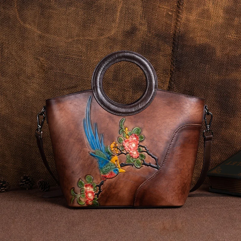 MOTAORA Vintage Embossed Cow Leather Handbags Women Bag Fashion Female Handbag Real Cowhide Large Capacity Floral Shoulder Bags