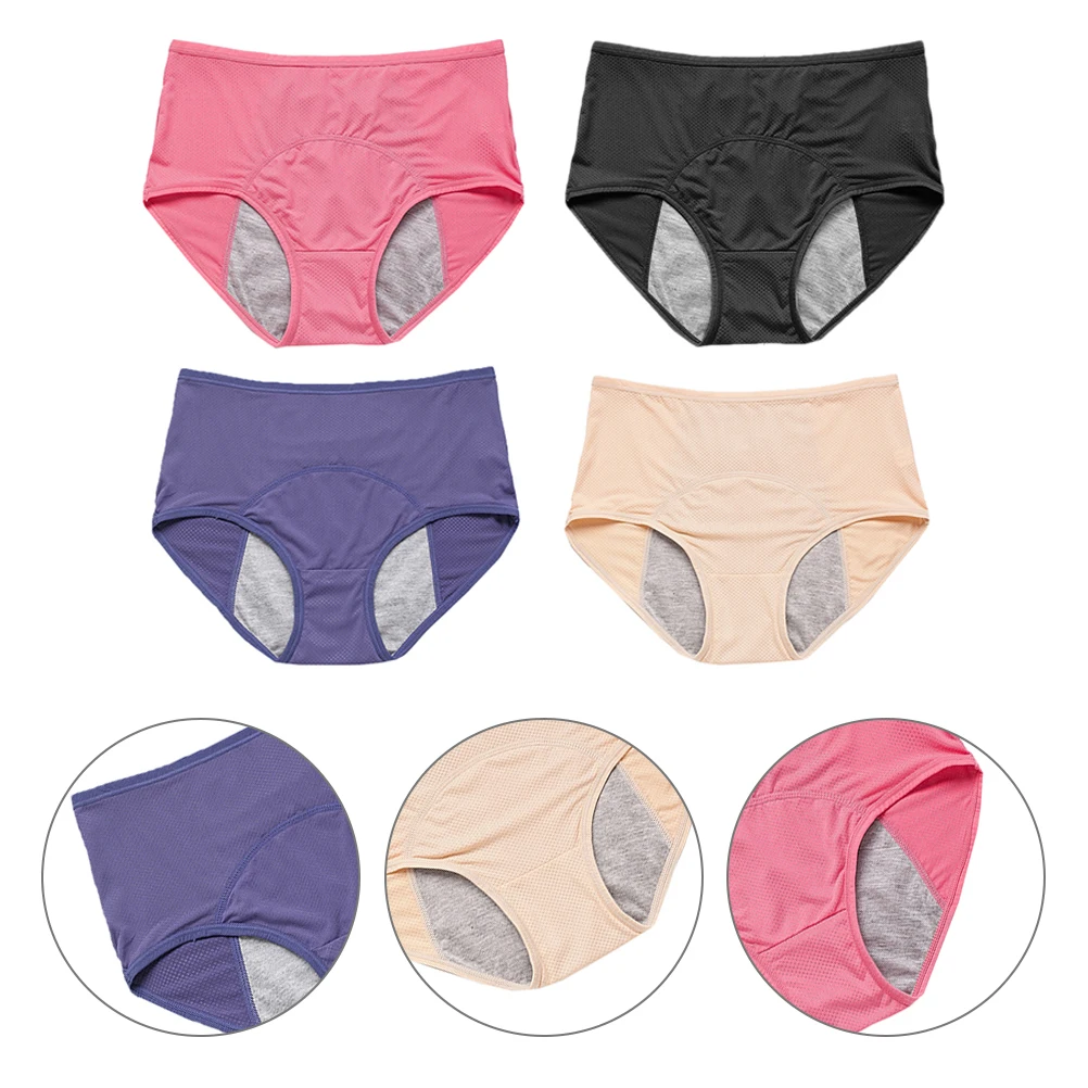 4pcs Leak Proof Menstrual Underwear Women Period Panties Soft Cotton Anti-leak Sanitary Pants Black Gray Beige L Size