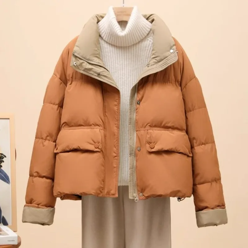 Women's Korean Minimalist Color-block Short Down Jacket Thickened Lightweight Warm Casual Outerwear Cold Winter Commut Outfits