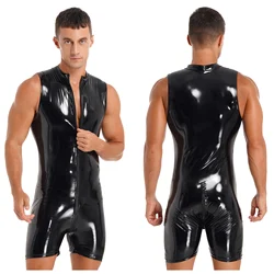 Mens Lingerie One Piece Patent Leather Bodysuit Jumpsuits Wet Look Zipper Bodysuit Pole Dance Performance Rave Party Clubwear