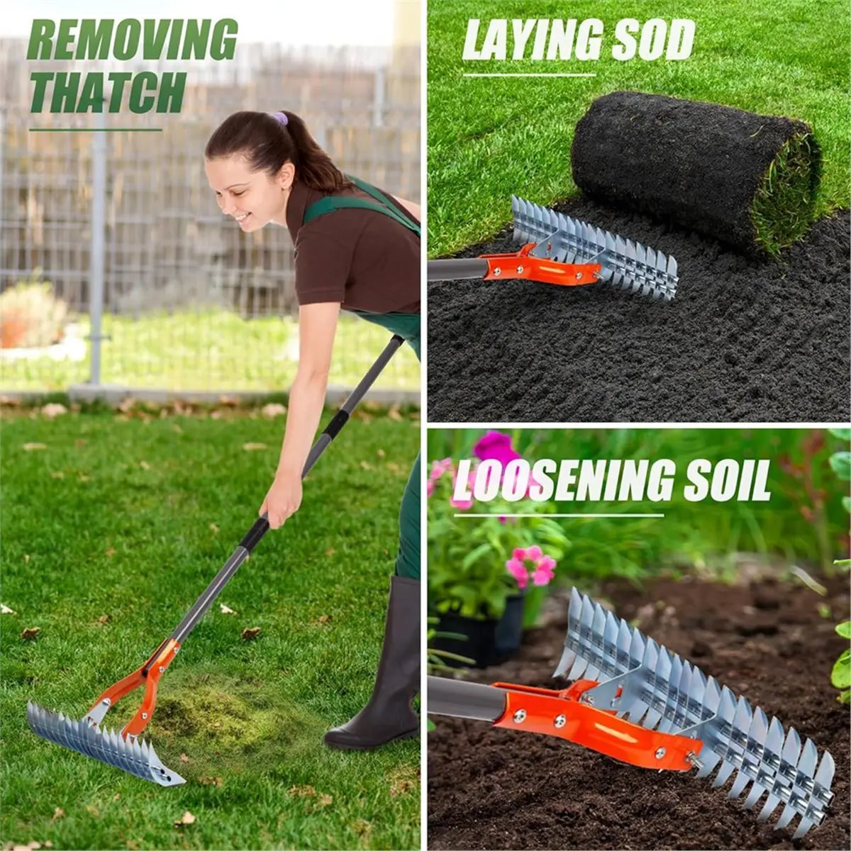 NOCM Thatch Rake, 15-Inch Lawn Thatching Rake, Robust Rake, Steel Metal Rake with Handle, Versatile Grass Grooming Rake