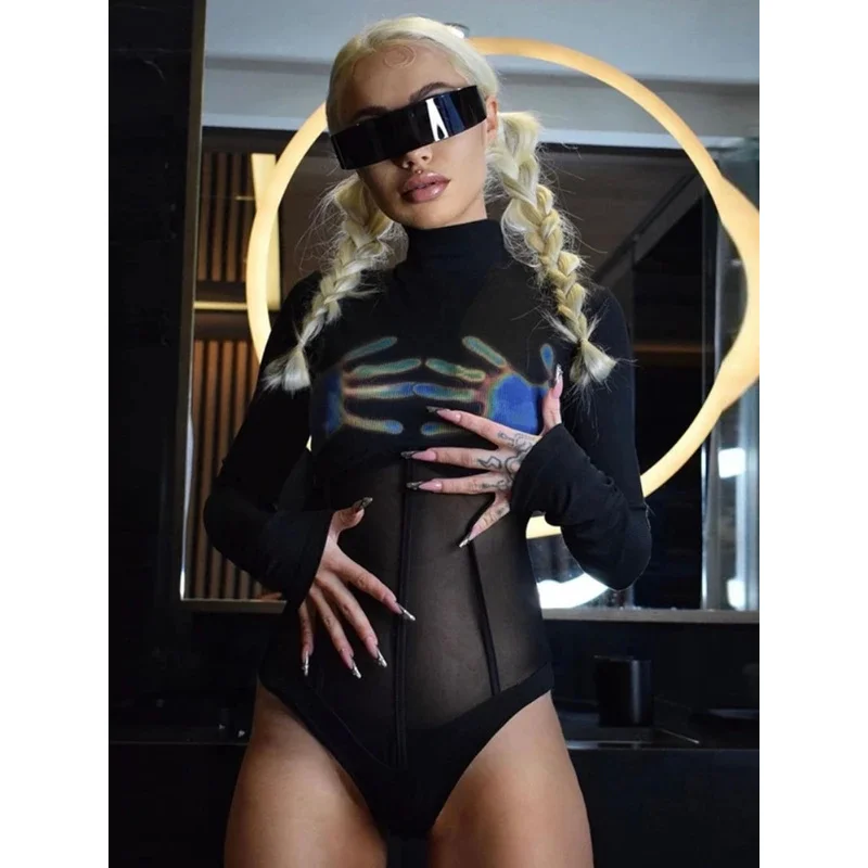 Mesh Insert 3D Print Black Bodysuit Y2k One-pieces Rave Festival Outfit Sexy Women Bodycon Long Sleeve Party Bodysuit