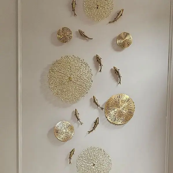 Living room entrance background wall decoration metal wall decoration all copper carp lotus leaf wall decoration