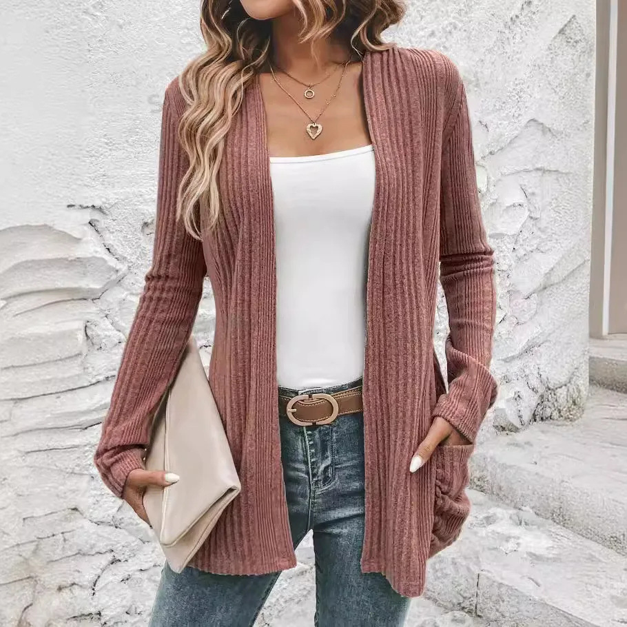 2024 Spring Autumn Women\'s Cardigan Solid Color Pit Stripe Brushed Casual Patchwork Long Sleeved Cardigan Jacket Female Coats