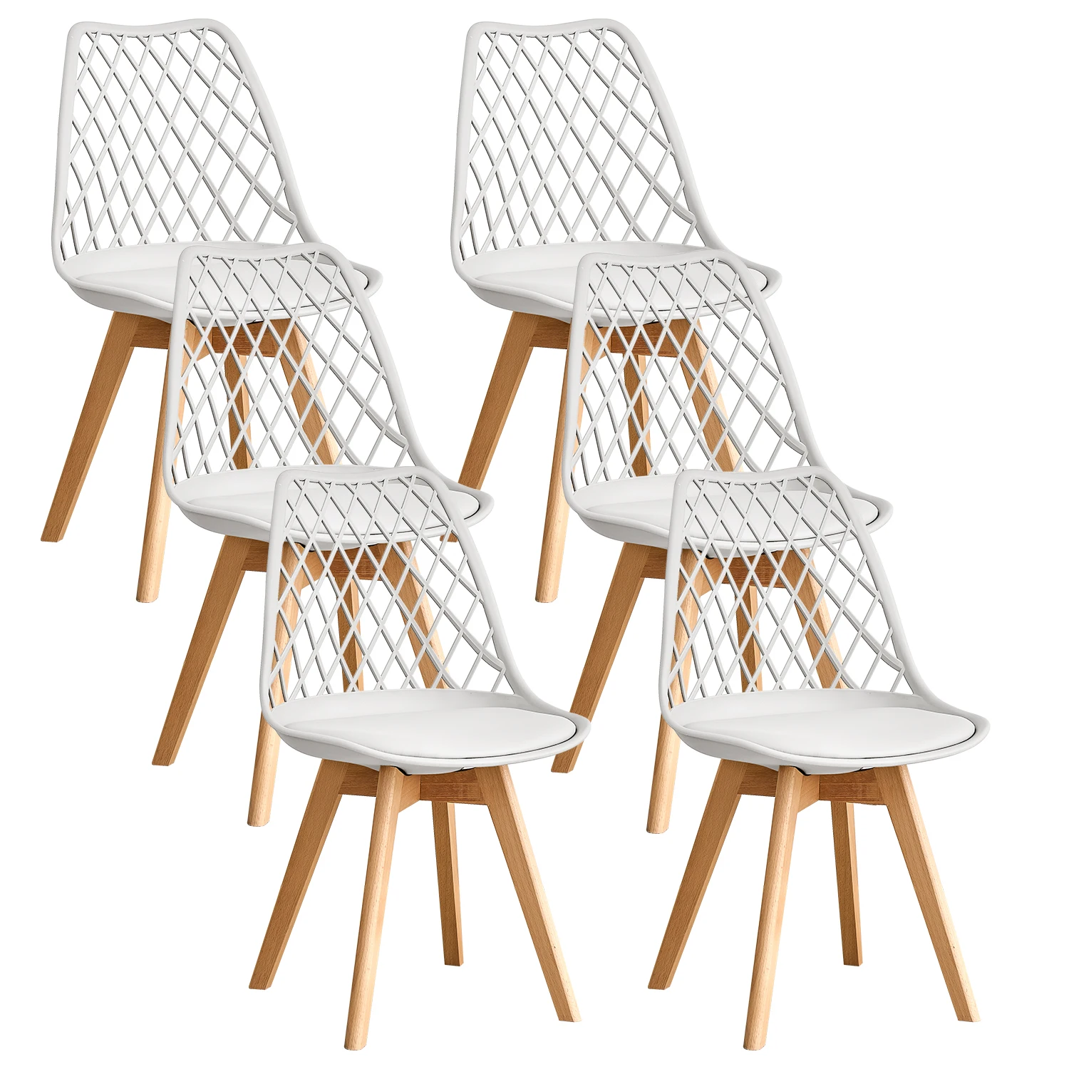 Set van 4/6 eetkamerstoelen in Scandinavische stijl, rugleuning van mesh, massief houten poten, stoel met leren bekleding, wit/zwart/beige