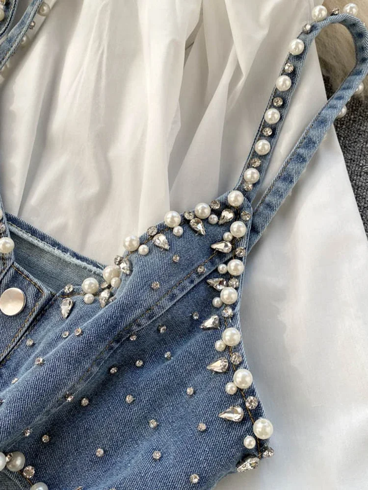 Spring Autumn New Temperament Blouse Female Lapel Beaded Stacking Bead Blusa Sling Waistcoat C Fashion Two-piece Shirt C814