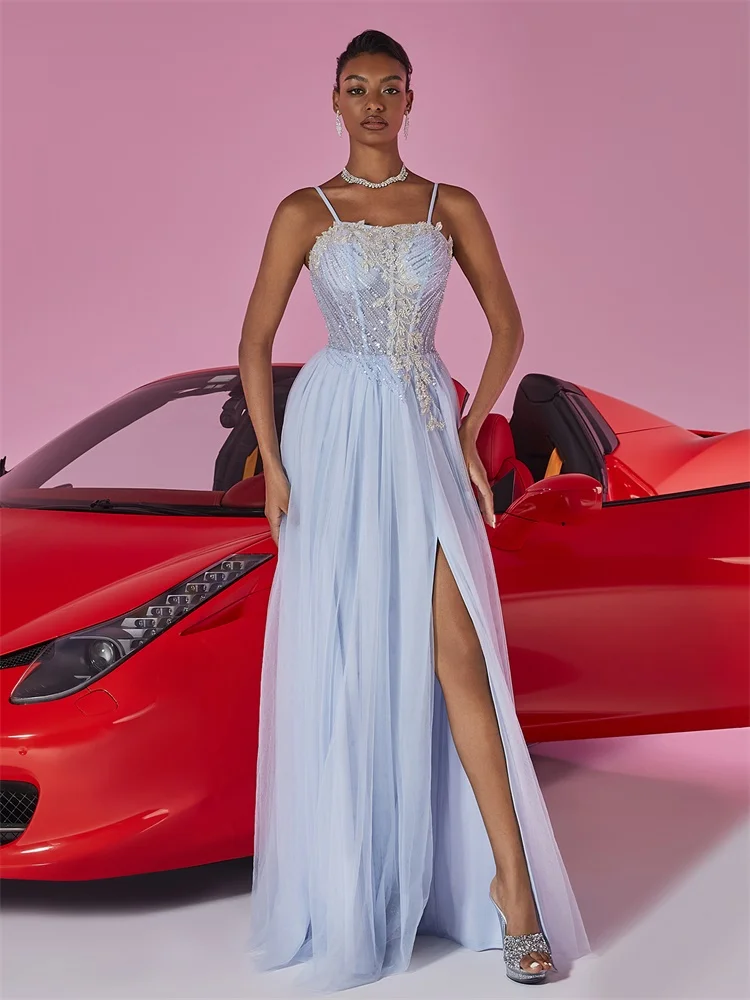 

Элегантные сексуальные вечерние платья трапециевидной формы с открытой спиной и блестками, длинные роскошные женские тюлевые платья с разрезом без рукавов, свадебные коктейльные платья