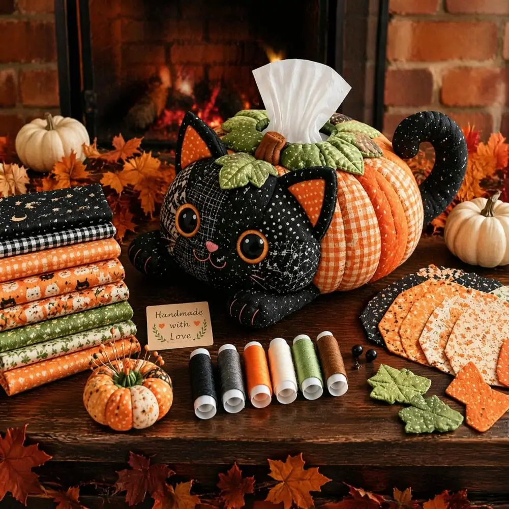 Country Style Haunted House Decor Halloween Patchwork Fabric Craft Set Diy Sewing Kit for Quilted Tissue Box Cover for Adults