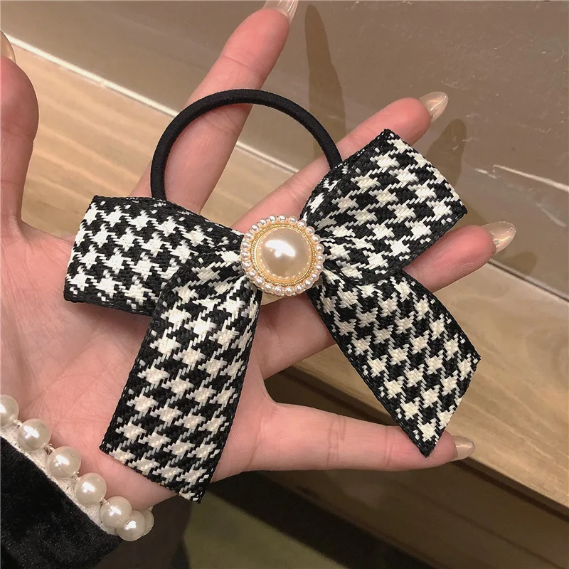 

Fashion Vintage Style Thousand Bird Plaid Pearl Bow Hair Ties Elastic Hair Band Women Ponytail Holder Headband Hair Accessories