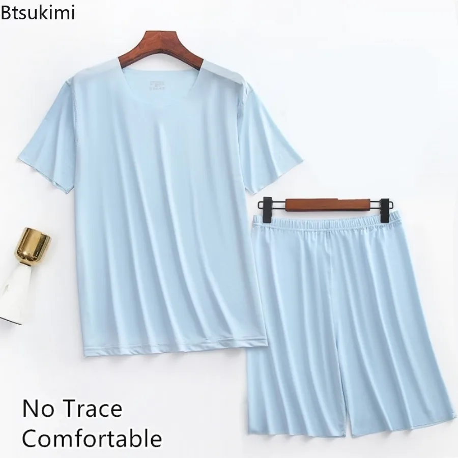 Summer New Men's Ice Silk Pajamas Two-pieces Thin Cool Breathable Short-Sleeved Shorts Homewear Large Size Lounge Sleepwear Sets