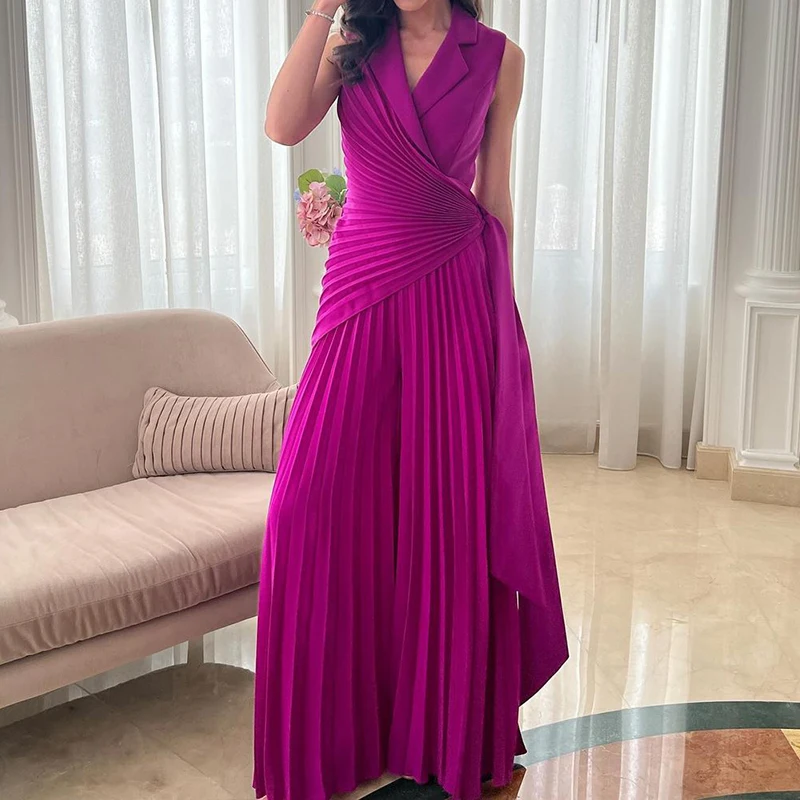 

Out Sleeveless Lace Up Pleated Jumpsuit Fashion Solid Color Wide Leg PlaysuitOffice Ladies Lapel High Waist Romper Sexy Hollow