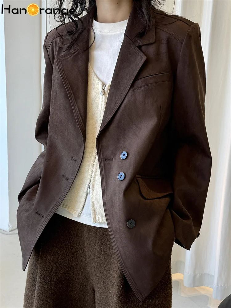 

HanOrange 2026 Early Spring Vintage Symmetric Pocket Suede Suit Jacket Women Loose Strapless Blazer Brown/Dark Coffee