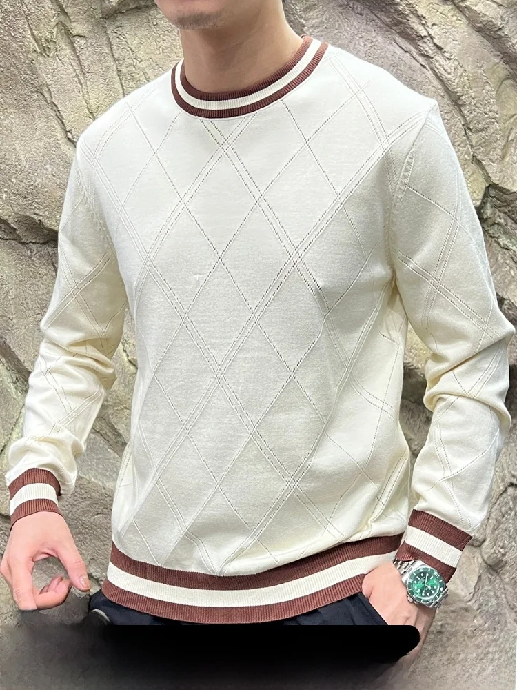 

Faionable round Ne Knitted Sweater Men's Loose Sle Diamond Texture Autumn Winter Warm Soft Double Knit Long Sve Top