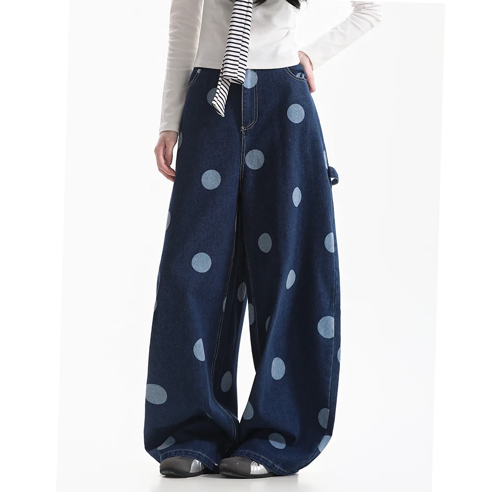 American Vintage Blue Polka Dot Jeans for Women Loose Wide Leg Heart Pocket Trousers Y2K Denim Pants Floor-Length Streetwear