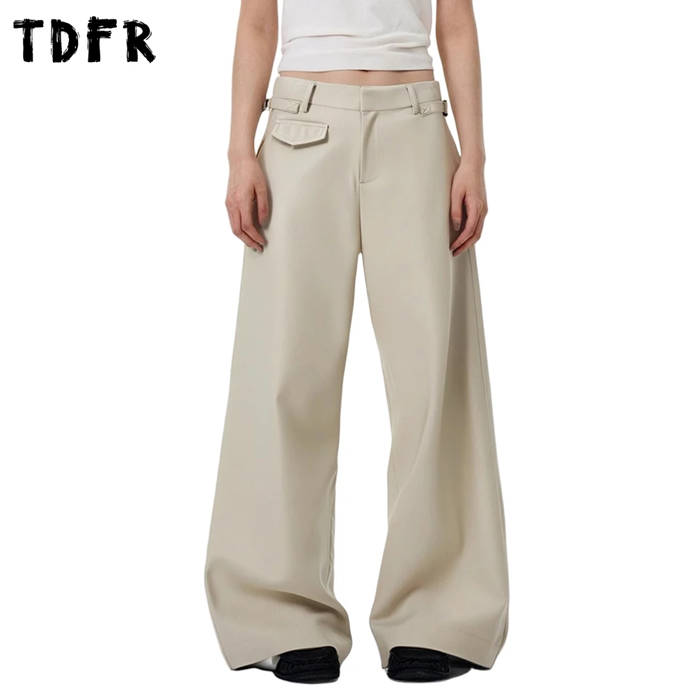 

Solid Color Casual Suit Pants Mens Retro Streetwear Loose Straight Wide Leg Belt Pants Men Trousers