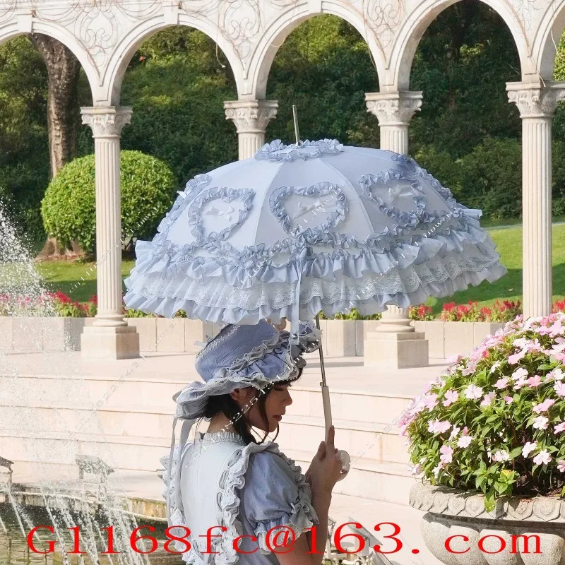 Heart Love Lolita Sun Protection Umbrella Girl Heart Princess Umbrella Color Matching Lace Straight Handle  Cage Lo Umbrella