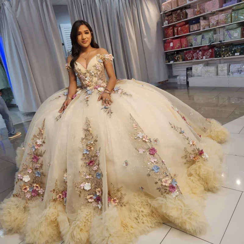 

Champagne Quinceanera Dresses off-shoulder Crystal Layered Ruffle Decal 3D Flower Long tail Vestido De 15 Quinceanera Customize