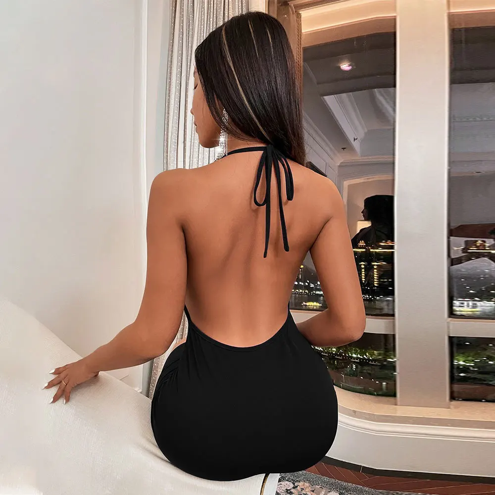 夏の新作 Vネック バックレス ハンギングネック ワンピース ハイウエスト ショートスカート フォーマル パーティー レディース ウィンド 女性服 クロスボーダー