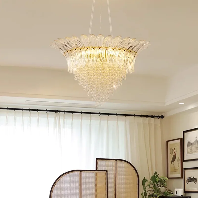 Candelabro francés de cristal para comedor, villa de estilo retro de lujo, sala de exposiciones, hoja de cristal, dormitorio europeo, sala de estar