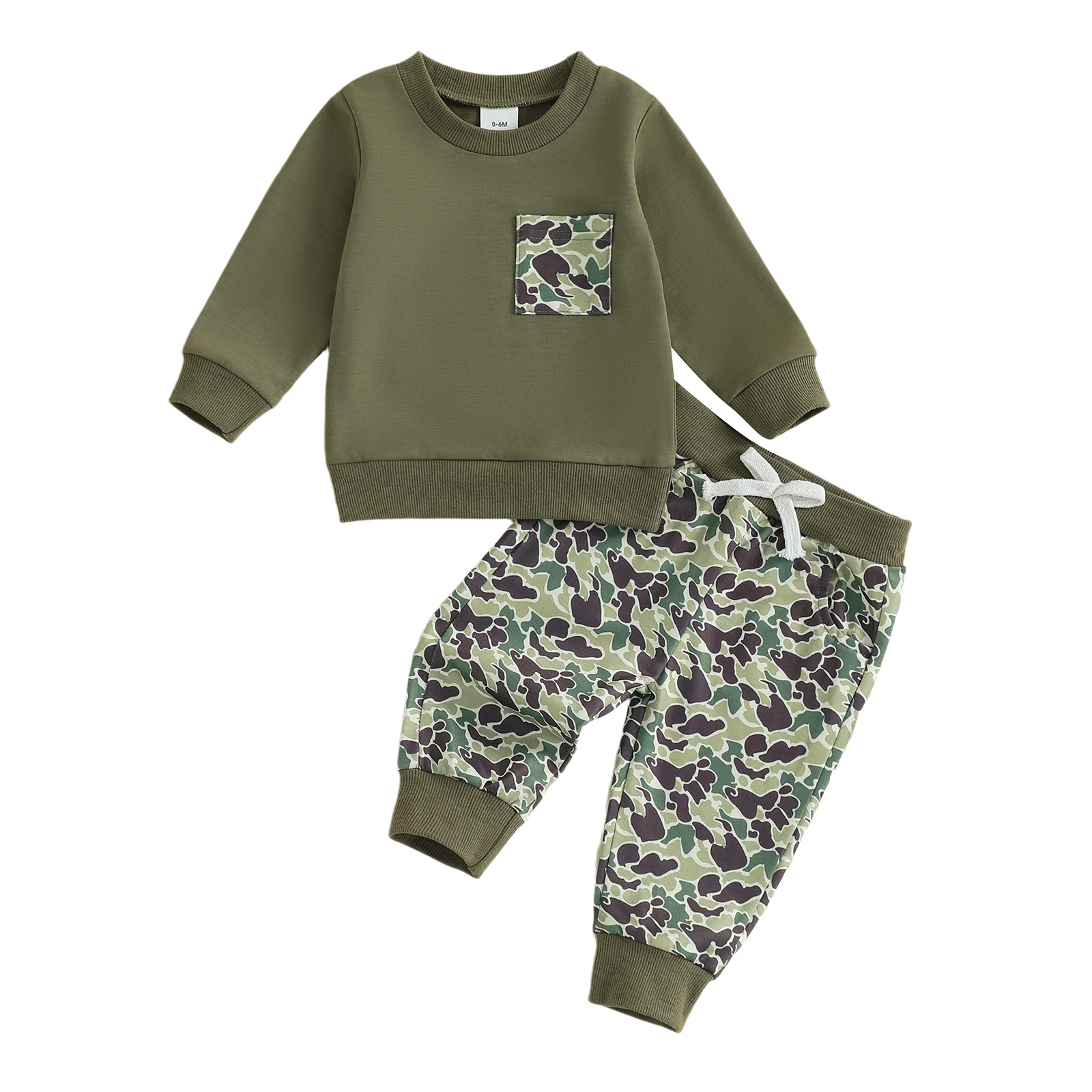 Kids Fall 2Pcs Pants Sets Long Sleeve O Neck Tops Drawstring Camouflage Pants Sets 0-4t