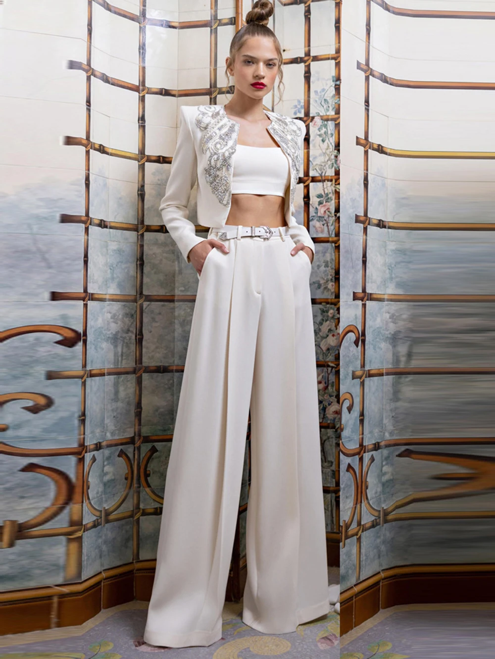 

Ailigou 2024 Autumn New Women's High Quality White Diamond Short Top+Wide Leg Pants Sexy Party 2-piece Set