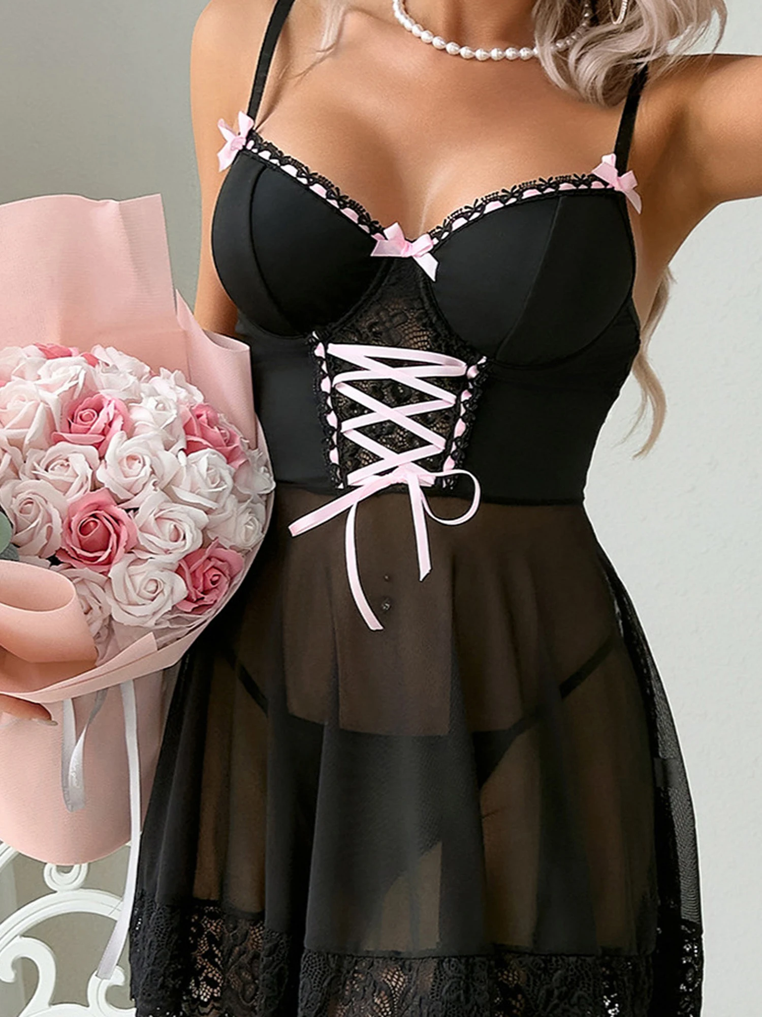 

Sexy Lace Lingerie Set with Bow Detail and Sheer Spaghetti Strap Mini Dress Matching G-string Thongs Included - 2 Piece Set