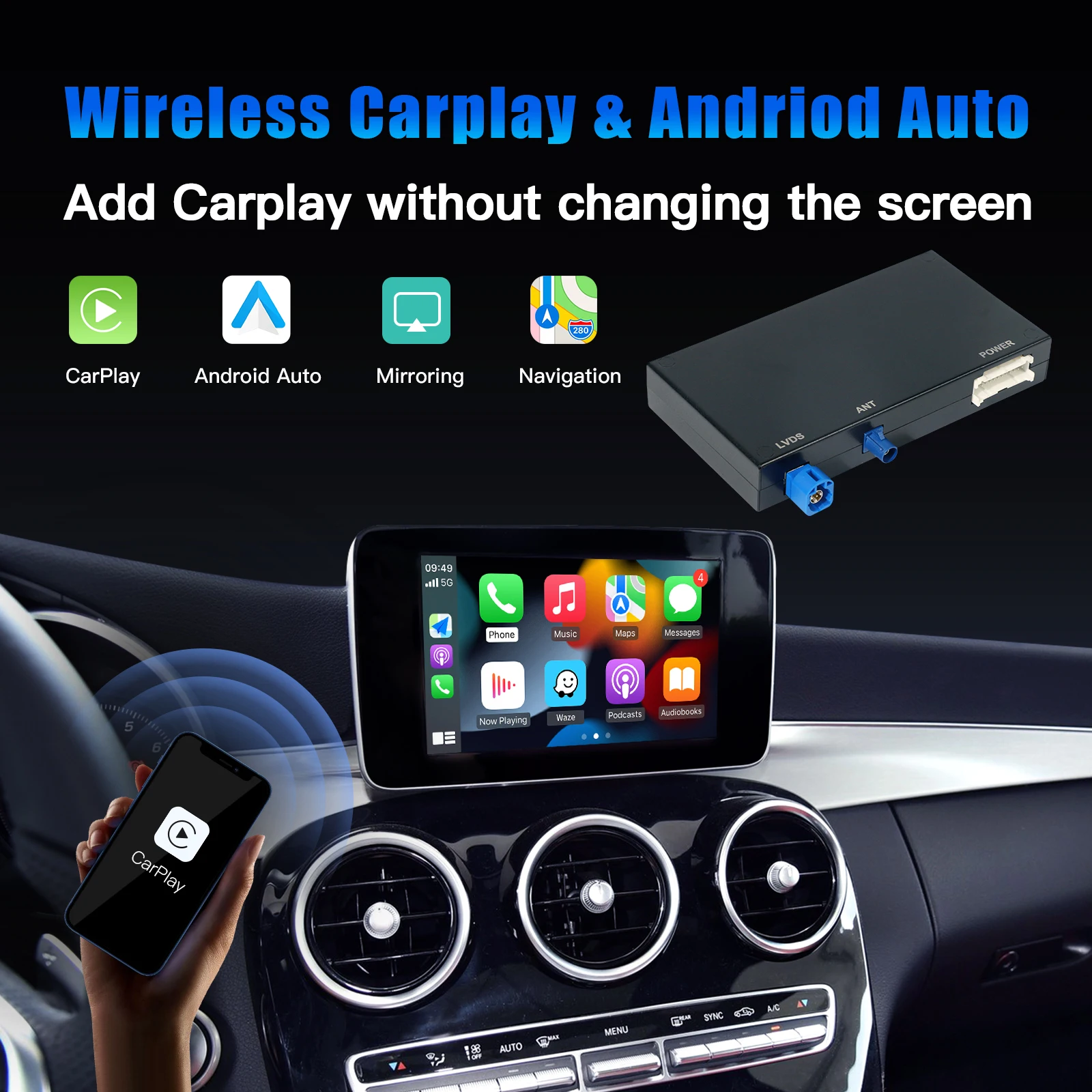 CARABC اللاسلكية Carplay أندرويد وحدة السيارات لمرسيدس NTG4.5 NTG5.0 W176 W205 ABC GLS GLA GLC CLA سيارة اللعب محول