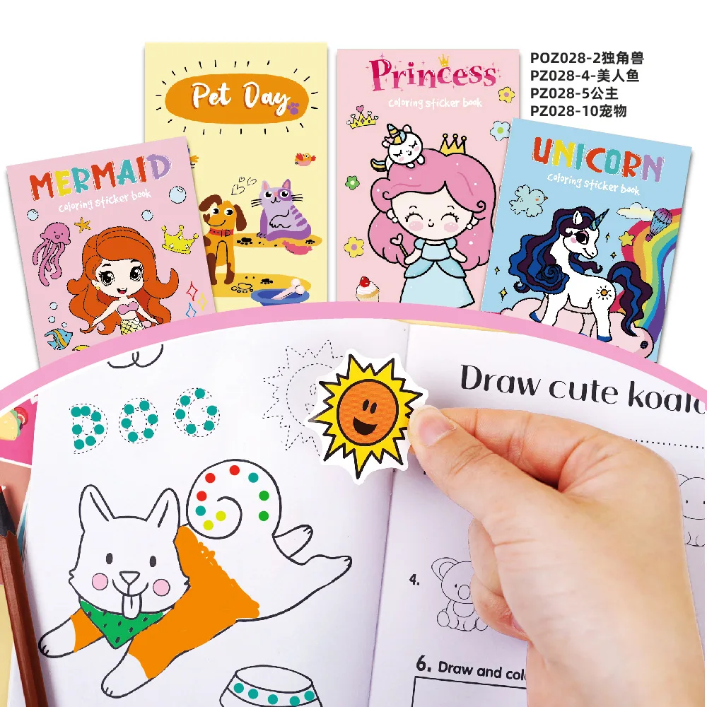 4pcs/set of Children's Cartoon Animal Coloring with Stickers Fun Coloring Book,