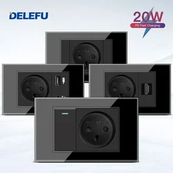 DELEFU Black Tempered Glass Israel USB Type C Fast Charging Wall Socket Light Tuya Wifi Smart Switch Sat TV Tel Doorbell Curtain