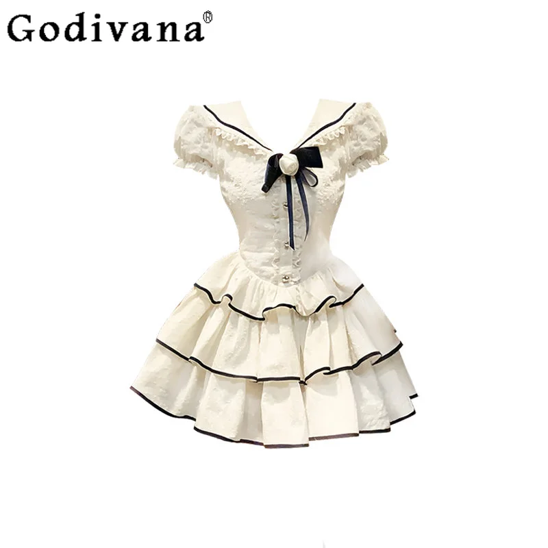 

Большой размер, милое темно-синее платье с воротником и коротким рукавом, японское платье-торт для девочек, летние универсальные модные платья принцессы с высокой талией