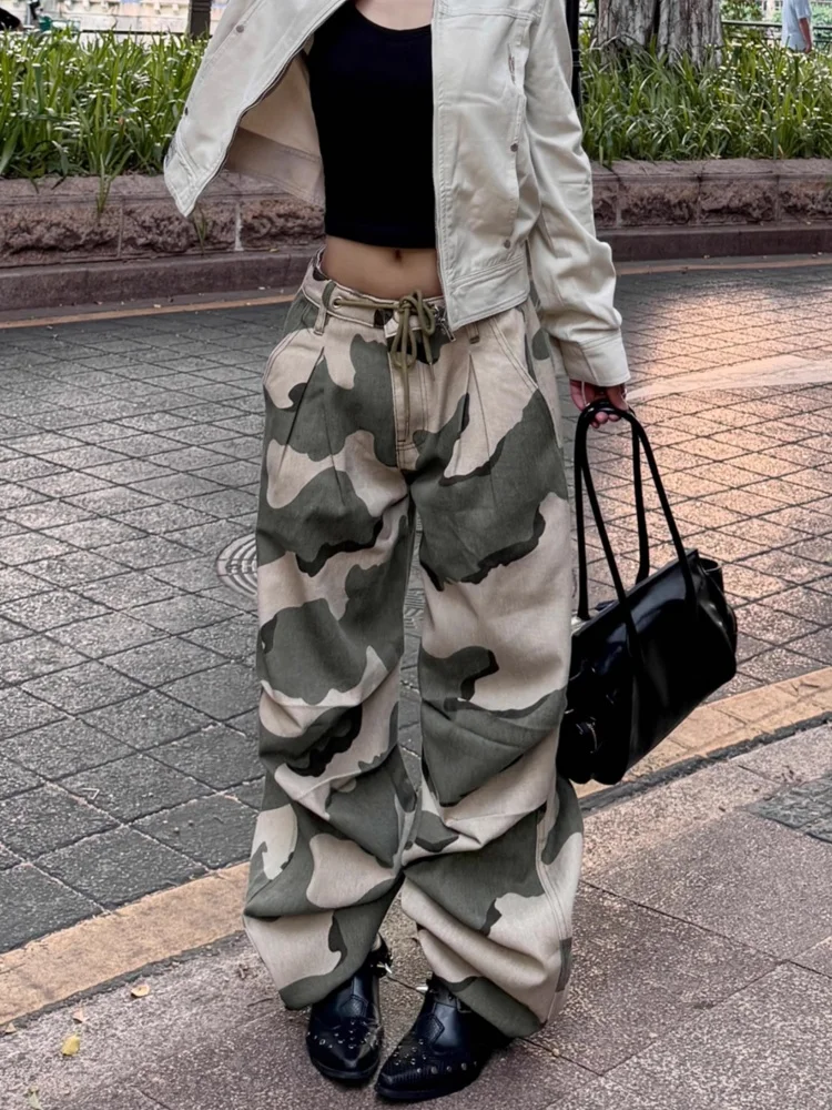 American Washed Denim Camouflage Wide Leg Workwear Pants Women's Autumn Winter Hot Girl Dancing Pants Loose Versatile Casual ...