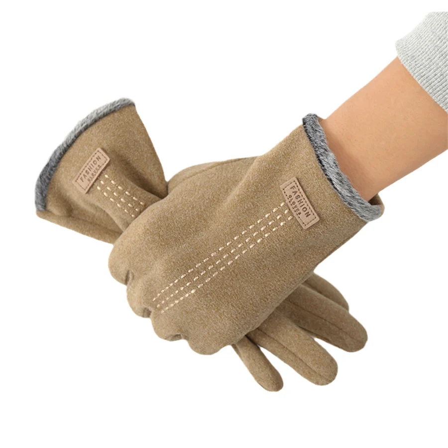 Autumn Winter Outdoor Cycling Plus Velvet Thick Soft Cloth Label Gloves Full Finger Touch Screen Driving Men's Warm Mittens xu1