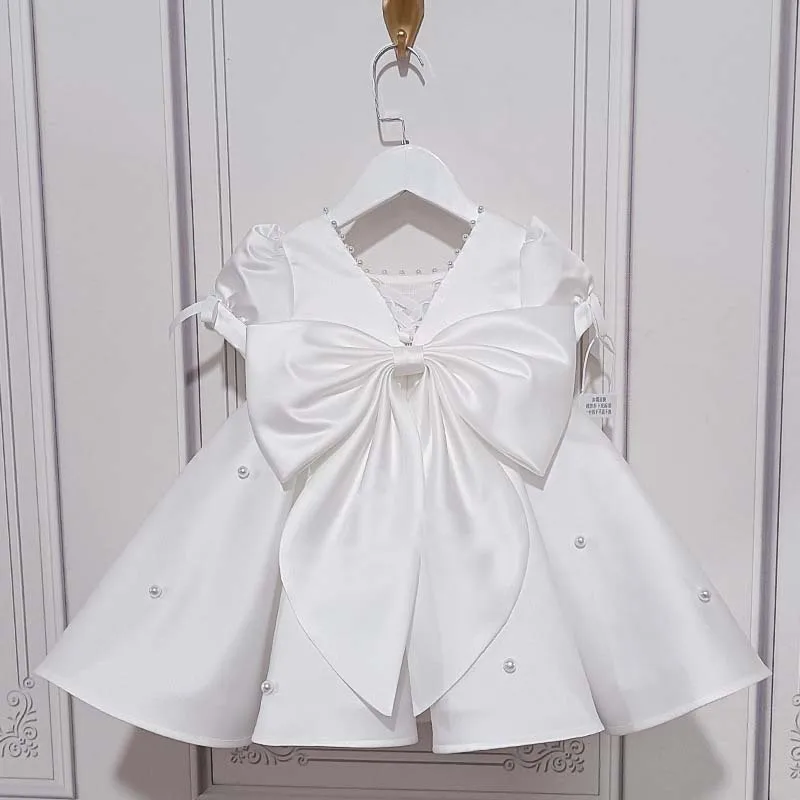 White Satin Tulle Baby Girl Dress Toddler Girls Infant 1 Year Birthday Party Puff Sleeve Beads Newborn Baptism Christening Gown