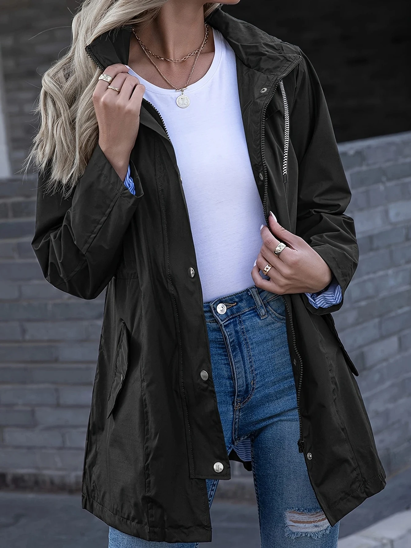 

Женское современное повседневное длинное пальто, осень-зима, стильная универсальная однотонная базовая куртка с капюшоном и длинными рукавами