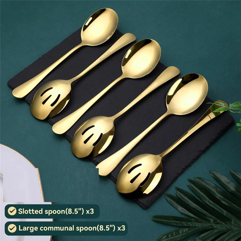 ABKL-Hotel Public Spoon 6 Pieces, Stainless Steel Serving Utensils With Mirror Polished,3 Serving Spoon And 3 Slotted Spoons