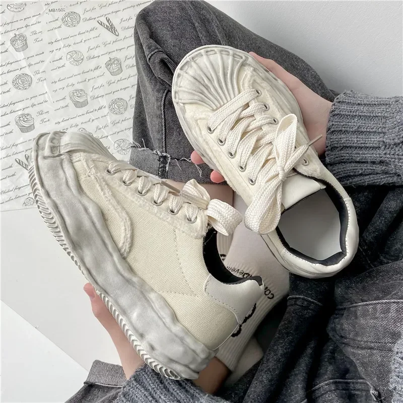 Women's Canvas Sneakers Dirty Shoes New Student Canvas Thick Dissolving Heels White Shoes Lace Up Sports Shoes for Women