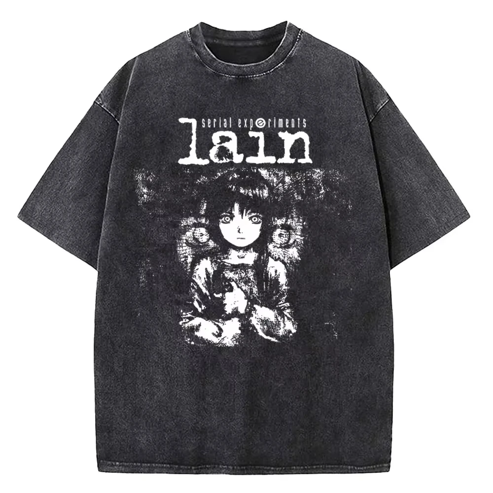 Japanese Anime Serial Experiments Lain Vintage Washed Graphic Print T-shirt Men Women Harajuku Oversized Tee O-neck Cotton Top