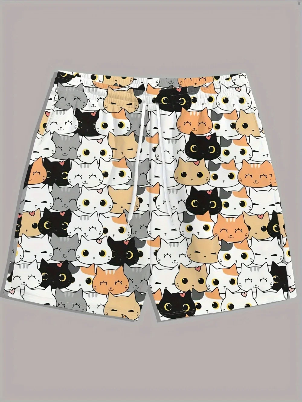 New Men's Casual Summer Beach Shorts with 3D Printed Cartoon Cat Patterns, Elastic Band Pockets, for Vacation, Surfing, Outdoor