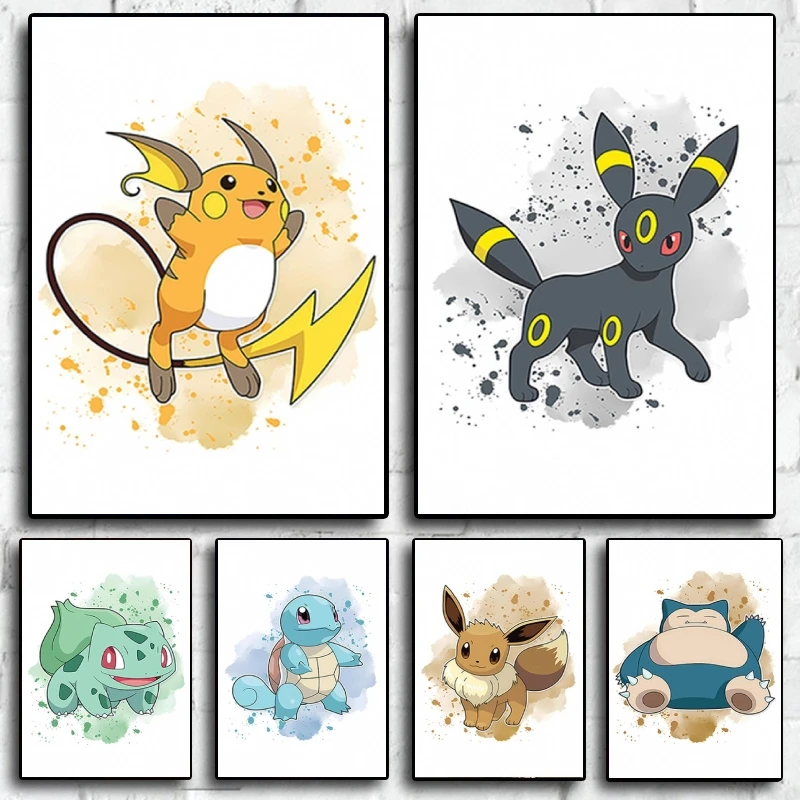1PC  Watercolor Pokémon Decorative Paintings - Raichu Umbreon  Bulbasaur  Squirtle Eevee  Snorlax Anime Wall Art for Home Dec