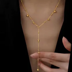 Original Design Round Bead Long Tassel Pendant Necklace for Women Retro Stainless Steel Collarbone Chain Jewelry Accessory Gift