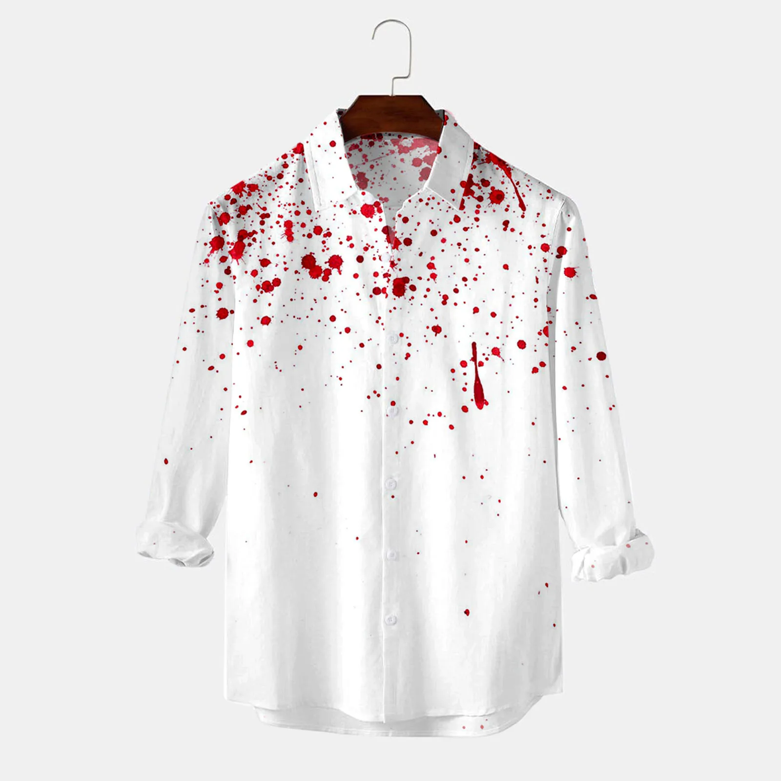 Male Party Halloween Bloodstain Printed Shirt Long Sleeve Turn Down Ethnic Retro Breathable Camisas De Hombre Solid Shirts