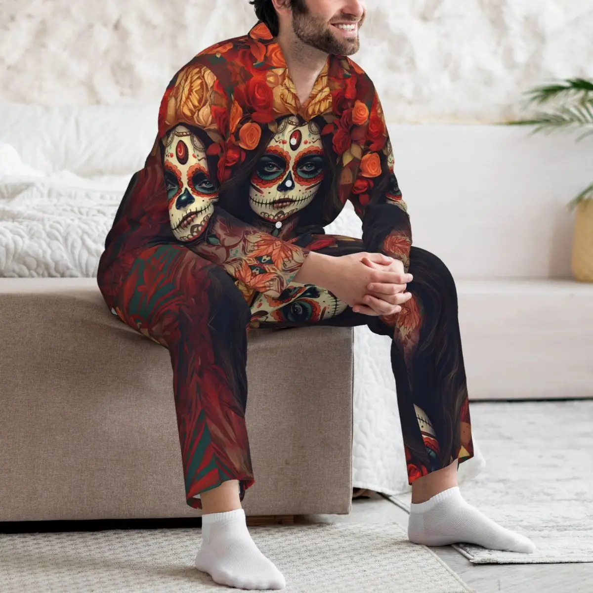 Flores cráneo mexicano Calavera pantalones de manga larga pijamas para hombres Otoño e Invierno ropa de casa conjuntos de ropa de dormir